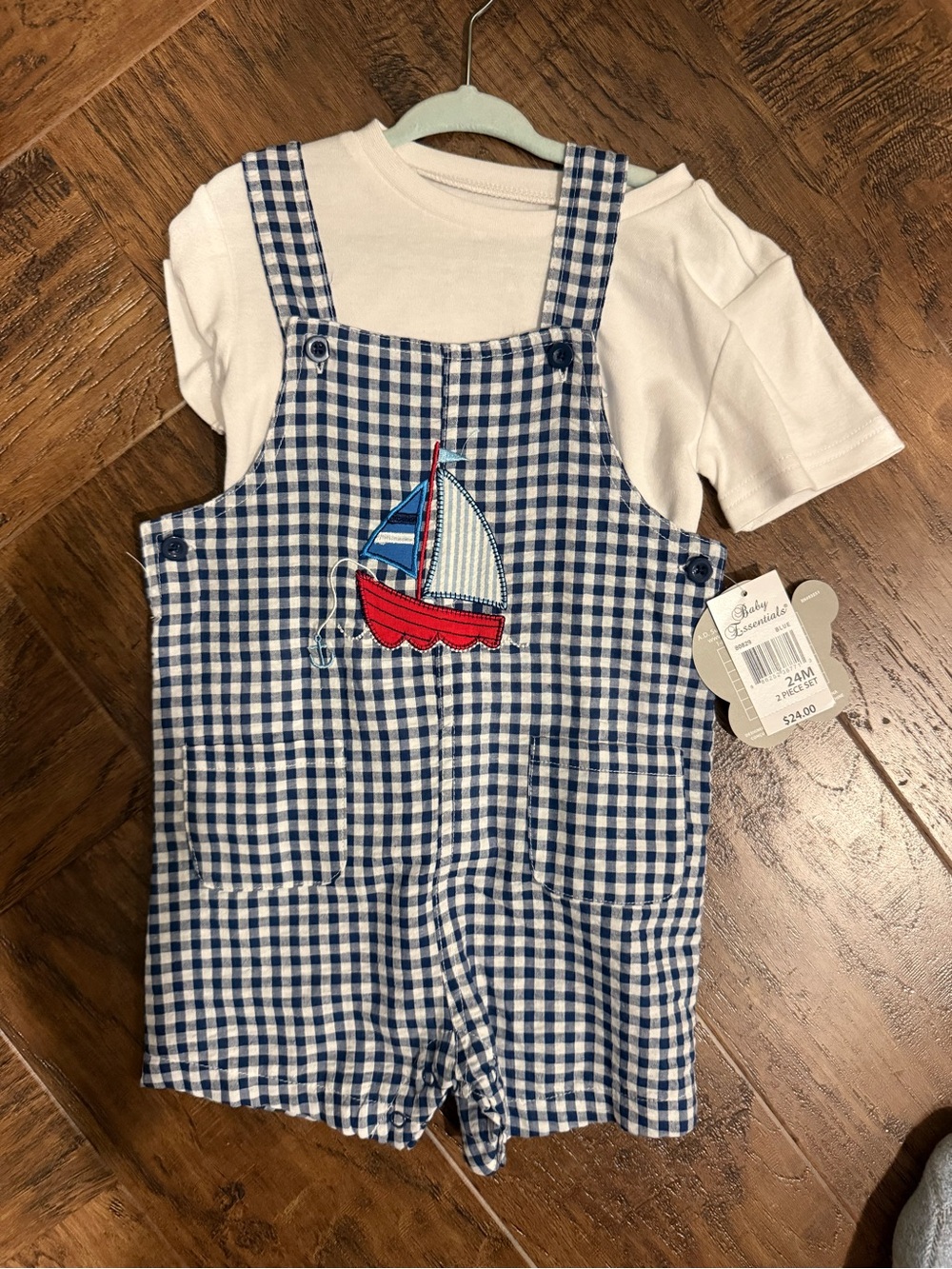 Gingham Sailboat Embroidered Baby Romper - Blue & White